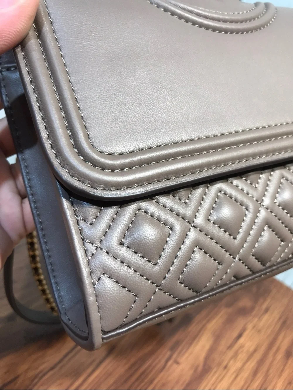 Tory Burch Quilted Taupe Crossbody with Gold Chain